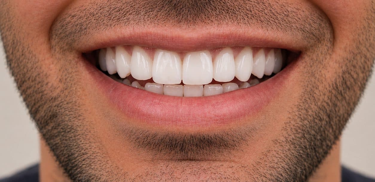 A veneer makeover correcting discoloration and chipped edges, after treatment