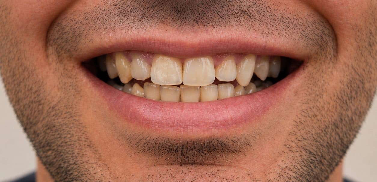 A veneer makeover correcting discoloration and chipped edges, before treatment