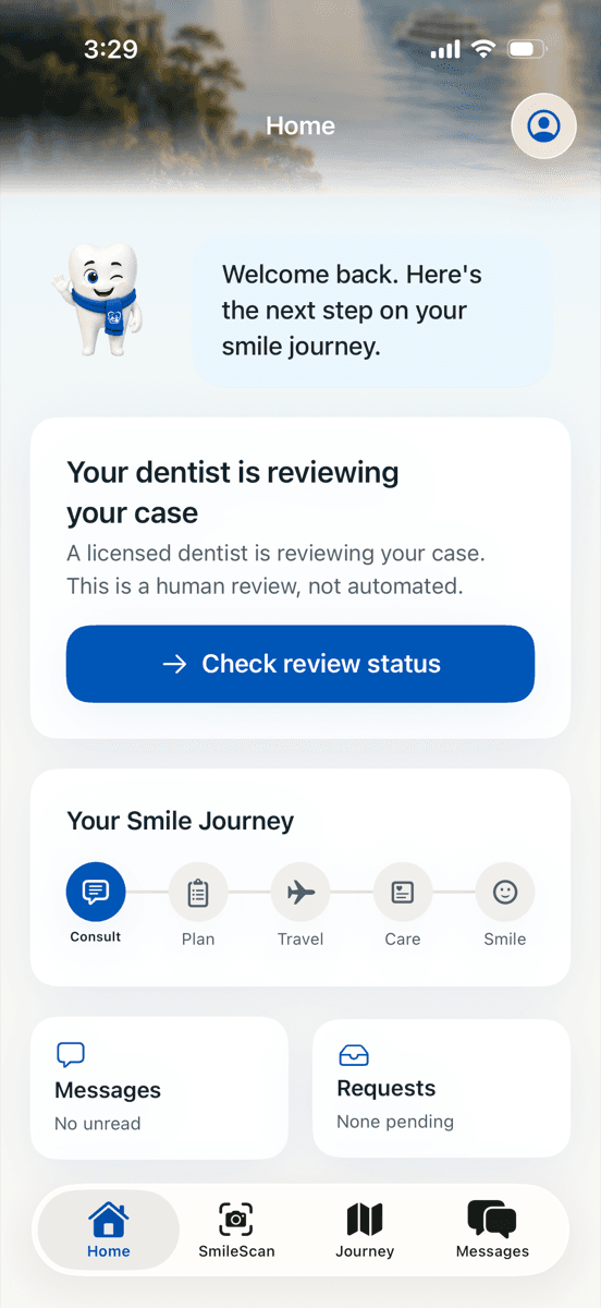 SmileScan app home screen: dentist review status, smile journey timeline, messages and requests